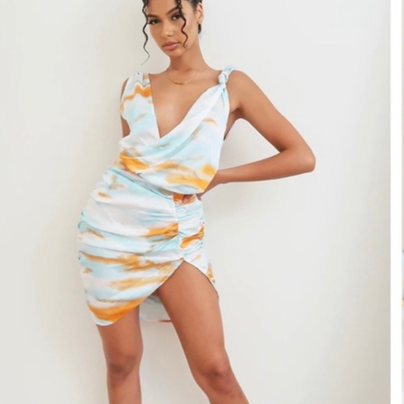 Tie Dye Satin Ruched Bodycon Dress With Knot Detail - Picture 2 of 10